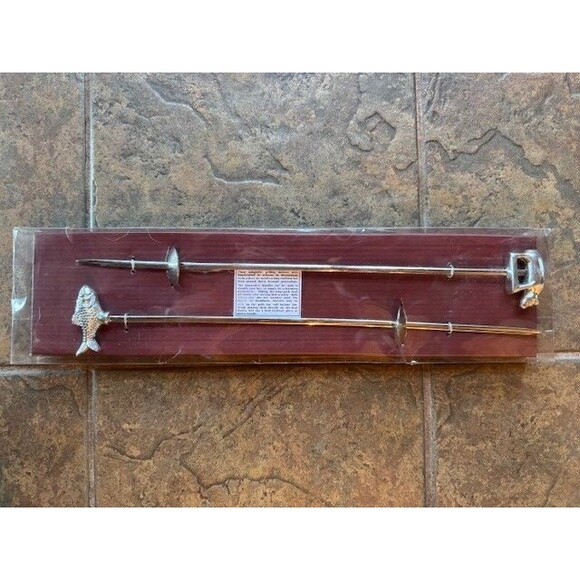 Vintage Ten Thousand Villages Large XL Picnic‎ Pair Skewers Set Pig & Fish NEW - Picture 1 of 11